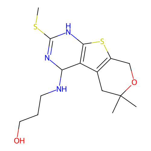 3-((6,6-dimethyl-2-(methylthio)-4,5,6,8-tetrahydro-3H-pyrano[4',3':4,5]thieno[2,3-d]pyrimidin-4-yl)amino)propan-1-ol structure