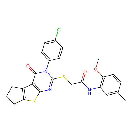 2-((3-(4-chlorophenyl)-4-oxo-4,5,6,7-tetrahydro-3H-cyclopenta[4,5]thieno[2,3-d]pyrimidin-2-yl)thio)-N-(2-methoxy-5-methylphenyl)acetamide structure