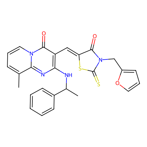 (Z)-3-(furan-2-ylmethyl)-5-((9-methyl-4-oxo-2-((1-phenylethyl)amino)-4H-pyrido[1,2-a]pyrimidin-3-yl)methylene)-2-thioxothiazolidin-4-one structure
