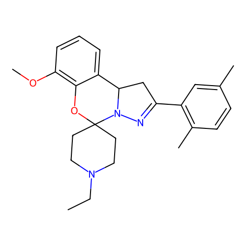 2'-(2,5-dimethylphenyl)-1-ethyl-7'-methoxy-1',10b'-dihydrospiro[piperidine-4,5'-pyrazolo[1,5-c][1,3]benzoxazine] structure