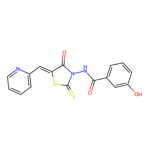 3-{[(5Z)-4-oxo-5-(pyridinium-2-ylmethylidene)-2-thioxo-1,3-thiazolidin-3-yl]carbamoyl}phenolate structure