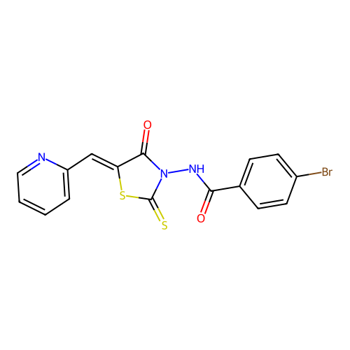 4-bromo-N-[(5Z)-4-oxo-5-(pyridin-2-ylmethylidene)-2-thioxo-1,3-thiazolidin-3-yl]benzamide structure