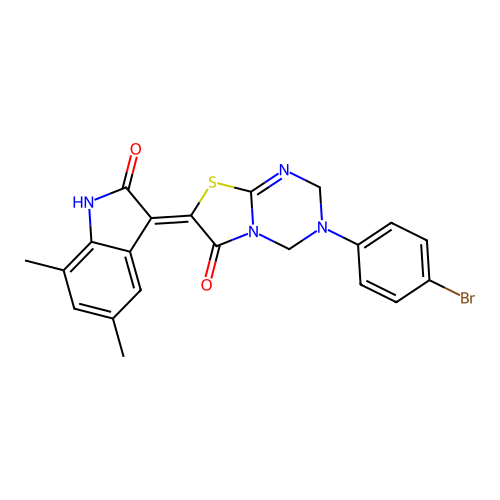 (Z)-3-(4-bromophenyl)-7-(5,7-dimethyl-2-oxoindolin-3-ylidene)-3,4-dihydro-2H-thiazolo[3,2-a][1,3,5]triazin-6(7H)-one structure