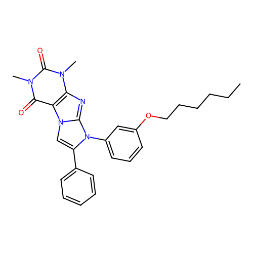 8-(3-(hexyloxy)phenyl)-1,3-dimethyl-7-phenyl-1H-imidazo[2,1-f]purine-2,4(3H,8H)-dione structure