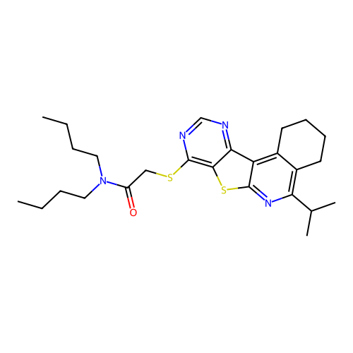 N,N-dibutyl-2-((5-isopropyl-1,2,3,4-tetrahydropyrimido[4',5':4,5]thieno[2,3-c]isoquinolin-8-yl)thio)acetamide structure