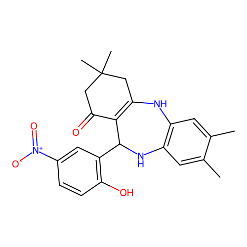 11-(2-hydroxy-5-nitrophenyl)-3,3,7,8-tetramethyl-2,3,4,5,10,11-hexahydro-1H-dibenzo[b,e][1,4]diazepin-1-one structure