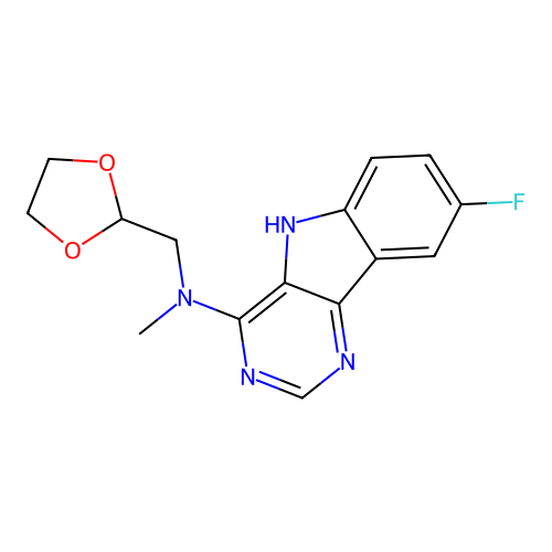 N-(1,3-dioxolan-2-ylmethyl)-8-fluoro-N-methyl-5H-pyrimido[5,4-b]indol-4-amine structure