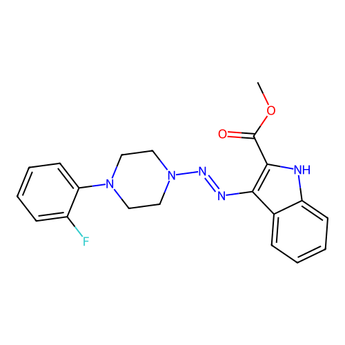 (E)-methyl 3-((4-(2-fluorophenyl)piperazin-1-yl)diazenyl)-1H-indole-2-carboxylate structure
