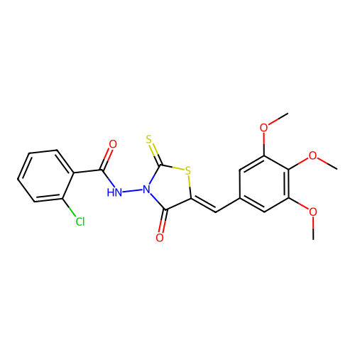 (Z)-2-chloro-N-(4-oxo-2-thioxo-5-(3,4,5-trimethoxybenzylidene)thiazolidin-3-yl)benzamide structure