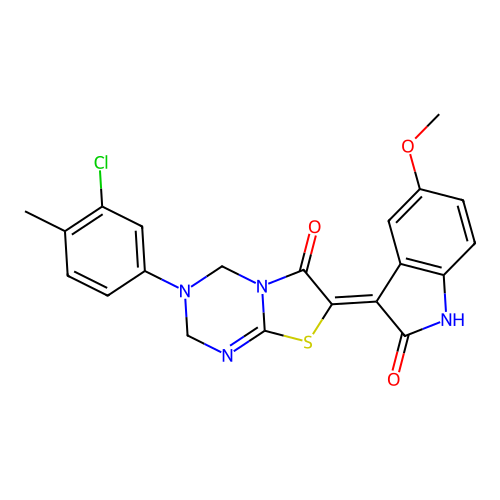 (7Z)-3-(3-chloro-4-methylphenyl)-7-(5-methoxy-2-oxo-1,2-dihydro-3H-indol-3-ylidene)-3,4-dihydro-2H-[1,3]thiazolo[3,2-a][1,3,5]triazin-6(7H)-one structure