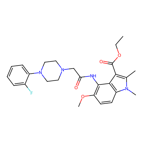 ethyl 4-({[4-(2-fluorophenyl)piperazin-1-yl]acetyl}amino)-5-methoxy-1,2-dimethyl-1H-indole-3-carboxylate structure