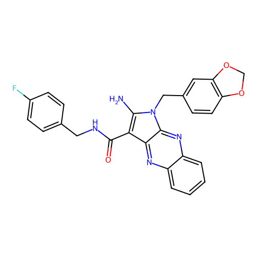 2-amino-1-(1,3-benzodioxol-5-ylmethyl)-N-(4-fluorobenzyl)-1H-pyrrolo[2,3-b]quinoxaline-3-carboxamide structure