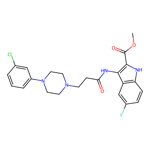 Methyl 3-[3-[4-(3-chlorophenyl)piperazin-1-yl]propanoylamino]-5-fluoro-1H-indole-2-carboxylate structure