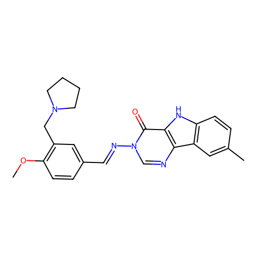(E)-3-((4-methoxy-3-(pyrrolidin-1-ylmethyl)benzylidene)amino)-8-methyl-3H-pyrimido[5,4-b]indol-4(5H)-one structure