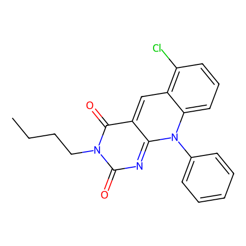 3-butyl-6-chloro-10-phenylpyrimido[4,5-b]quinoline-2,4(3H,10H)-dione structure