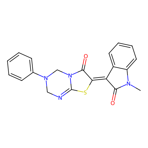 (7Z)-7-(1-methyl-2-oxo-1,2-dihydro-3H-indol-3-ylidene)-3-phenyl-3,4-dihydro-2H-[1,3]thiazolo[3,2-a][1,3,5]triazin-6(7H)-one structure