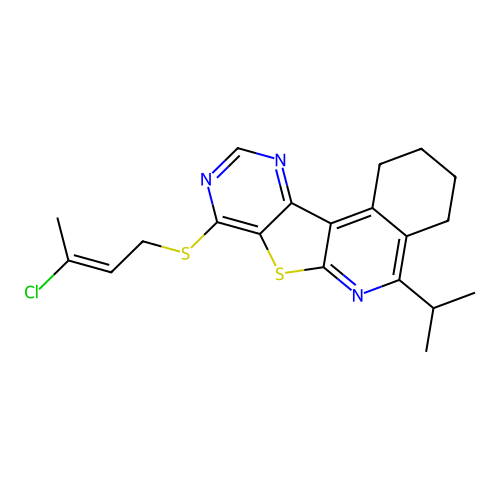 (E)-8-((3-chlorobut-2-en-1-yl)thio)-5-isopropyl-1,2,3,4-tetrahydropyrimido[4',5':4,5]thieno[2,3-c]isoquinoline structure