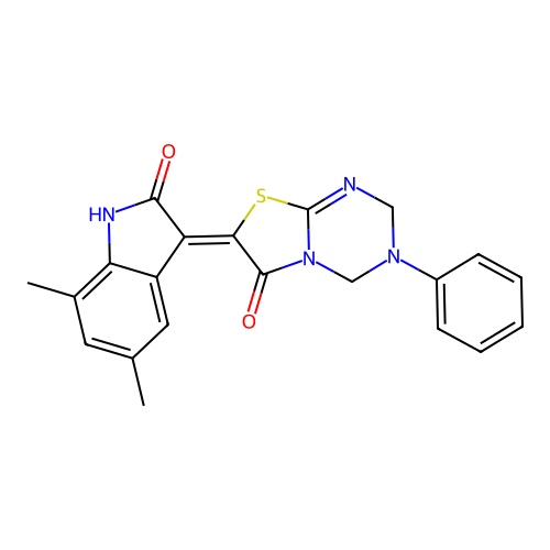 (Z)-7-(5,7-dimethyl-2-oxoindolin-3-ylidene)-3-phenyl-3,4-dihydro-2H-thiazolo[3,2-a][1,3,5]triazin-6(7H)-one structure
