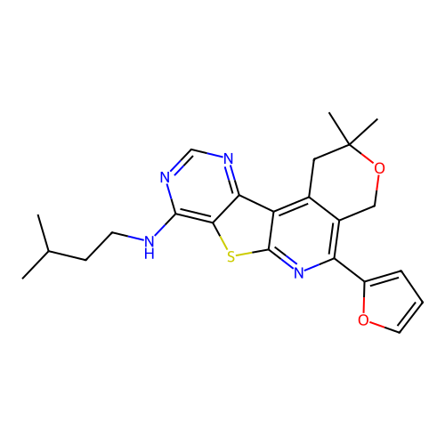 5-(furan-2-yl)-2,2-dimethyl-N-(3-methylbutyl)-1,4-dihydro-2H-pyrano[4'',3'':4',5']pyrido[3',2':4,5]thieno[3,2-d]pyrimidin-8-amine structure