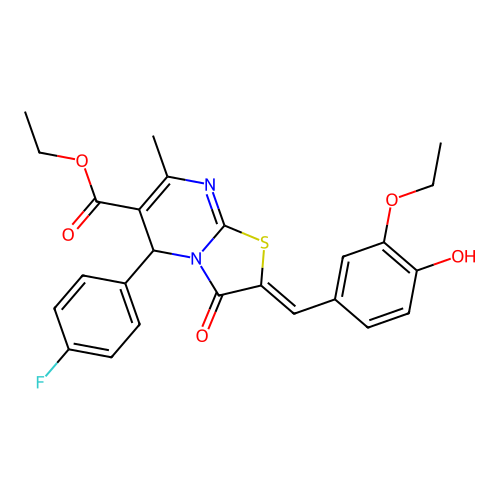(Z)-ethyl 2-(3-ethoxy-4-hydroxybenzylidene)-5-(4-fluorophenyl)-7-methyl-3-oxo-3,5-dihydro-2H-thiazolo[3,2-a]pyrimidine-6-carboxylate structure