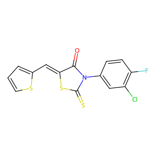(Z)-3-(3-chloro-4-fluorophenyl)-5-(thiophen-2-ylmethylene)-2-thioxothiazolidin-4-one structure