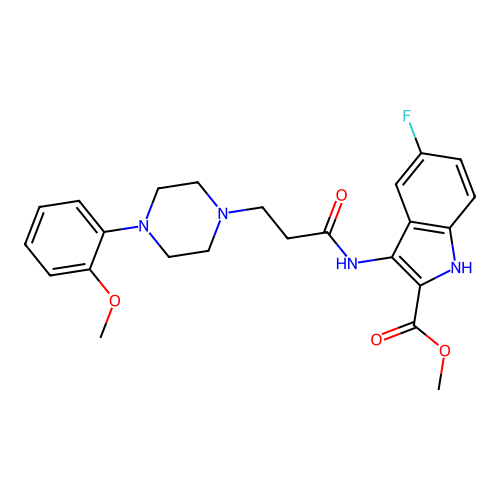 Methyl 5-fluoro-3-[3-[4-(2-methoxyphenyl)piperazin-1-yl]propanoylamino]-1H-indole-2-carboxylate structure