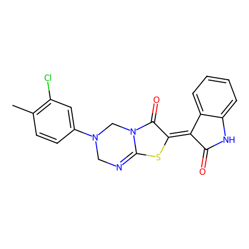 (7Z)-3-(3-chloro-4-methylphenyl)-7-(2-oxo-1,2-dihydro-3H-indol-3-ylidene)-3,4-dihydro-2H-[1,3]thiazolo[3,2-a][1,3,5]triazin-6(7H)-one structure
