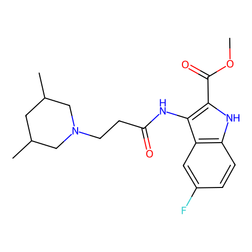 methyl 3-(3-(3,5-dimethylpiperidin-1-yl)propanamido)-5-fluoro-1H-indole-2-carboxylate structure