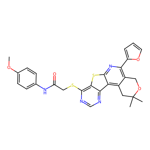 2-((5-(furan-2-yl)-2,2-dimethyl-2,4-dihydro-1H-pyrano[4'',3'':4',5']pyrido[3',2':4,5]thieno[3,2-d]pyrimidin-8-yl)thio)-N-(4-methoxyphenyl)acetamide structure