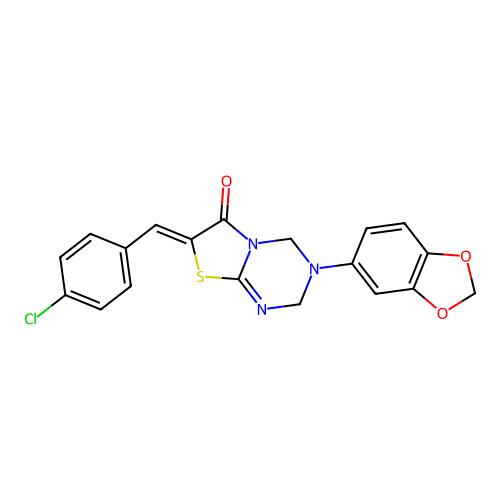 (7Z)-3-(1,3-benzodioxol-5-yl)-7-(4-chlorobenzylidene)-3,4-dihydro-2H-[1,3]thiazolo[3,2-a][1,3,5]triazin-6(7H)-one structure