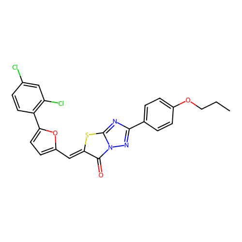 (5Z)-5-{[5-(2,4-dichlorophenyl)furan-2-yl]methylidene}-2-(4-propoxyphenyl)[1,3]thiazolo[3,2-b][1,2,4]triazol-6(5H)-one structure