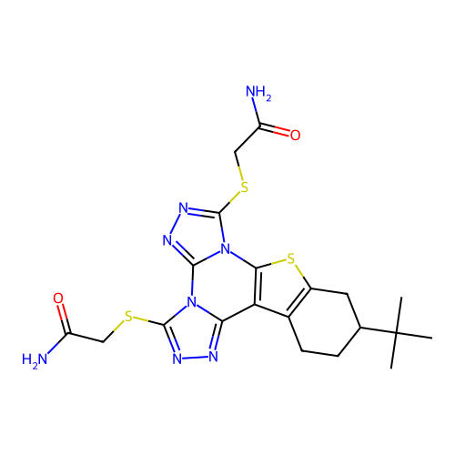 2,2'-((11-(tert-butyl)-10,11,12,13-tetrahydrobenzo[4,5]thieno[3,2-e]bis([1,2,4]triazolo)[4,3-a:4',3'-c]pyrimidine-3,7-diyl)bis(sulfanediyl))diacetamide structure