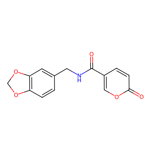 N-(1,3-benzodioxol-5-ylmethyl)-2-oxo-2H-pyran-5-carboxamide structure