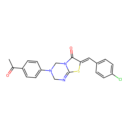 (7Z)-3-(4-acetylphenyl)-7-(4-chlorobenzylidene)-3,4-dihydro-2H-[1,3]thiazolo[3,2-a][1,3,5]triazin-6(7H)-one structure