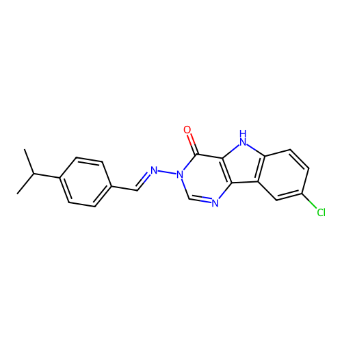 (E)-8-chloro-3-((4-isopropylbenzylidene)amino)-3H-pyrimido[5,4-b]indol-4(5H)-one structure