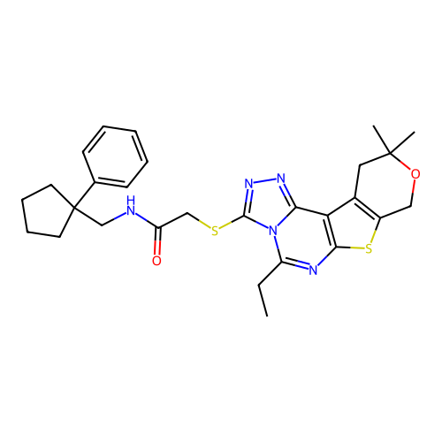 2-((5-ethyl-10,10-dimethyl-10,11-dihydro-8H-pyrano[4',3':4,5]thieno[3,2-e][1,2,4]triazolo[4,3-c]pyrimidin-3-yl)thio)-N-((1-phenylcyclopentyl)methyl)acetamide structure