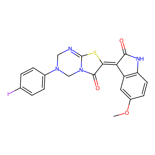 (7Z)-3-(4-iodophenyl)-7-(5-methoxy-2-oxo-1,2-dihydro-3H-indol-3-ylidene)-3,4-dihydro-2H-[1,3]thiazolo[3,2-a][1,3,5]triazin-6(7H)-one structure