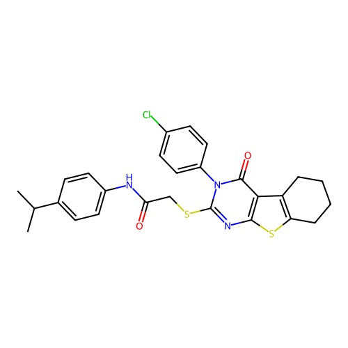 2-((3-(4-chlorophenyl)-4-oxo-3,4,5,6,7,8-hexahydrobenzo[4,5]thieno[2,3-d]pyrimidin-2-yl)thio)-N-(4-isopropylphenyl)acetamide structure