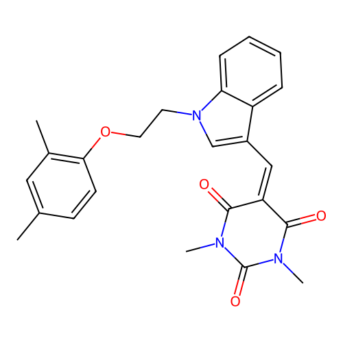 5-((1-(2-(2,4-dimethylphenoxy)ethyl)-1H-indol-3-yl)methylene)-1,3-dimethylpyrimidine-2,4,6(1H,3H,5H)-trione structure