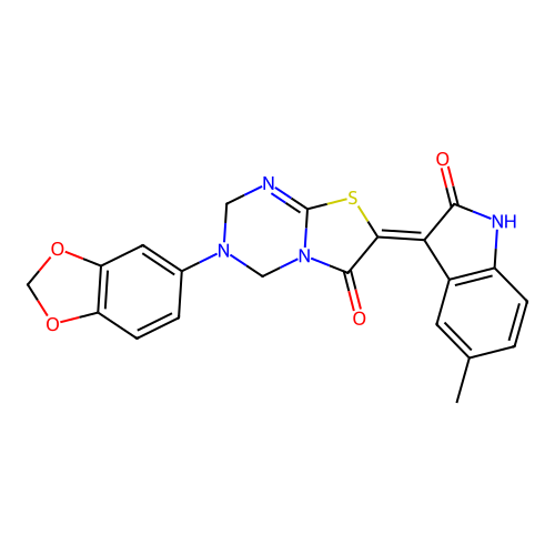 (7Z)-3-(1,3-benzodioxol-5-yl)-7-(5-methyl-2-oxo-1,2-dihydro-3H-indol-3-ylidene)-3,4-dihydro-2H-[1,3]thiazolo[3,2-a][1,3,5]triazin-6(7H)-one structure