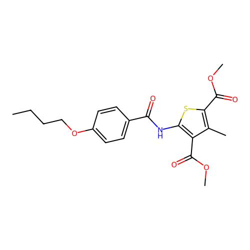 Dimethyl 5-(4-butoxybenzamido)-3-methylthiophene-2,4-dicarboxylate structure
