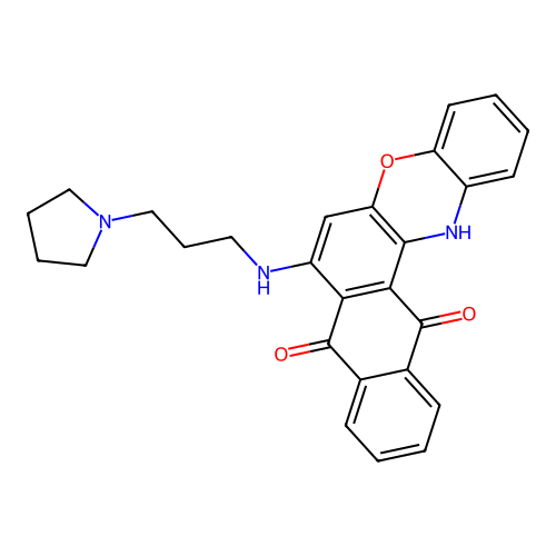 7-((3-(pyrrolidin-1-yl)propyl)amino)-8H-naphtho[2,3-a]phenoxazine-8,13(14H)-dione structure