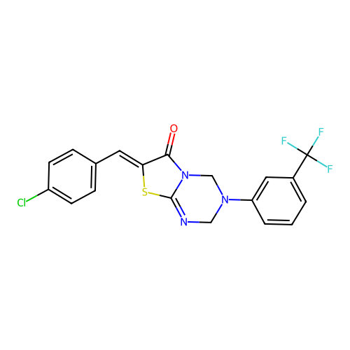 (7Z)-7-(4-chlorobenzylidene)-3-[3-(trifluoromethyl)phenyl]-3,4-dihydro-2H-[1,3]thiazolo[3,2-a][1,3,5]triazin-6(7H)-one structure
