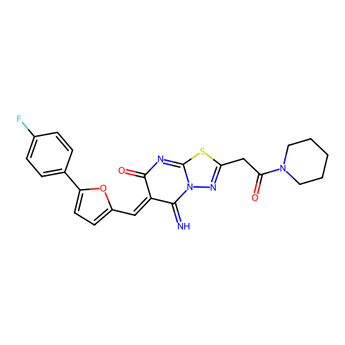 (Z)-6-((5-(4-fluorophenyl)furan-2-yl)methylene)-5-imino-2-(2-oxo-2-(piperidin-1-yl)ethyl)-5H-[1,3,4]thiadiazolo[3,2-a]pyrimidin-7(6H)-one structure
