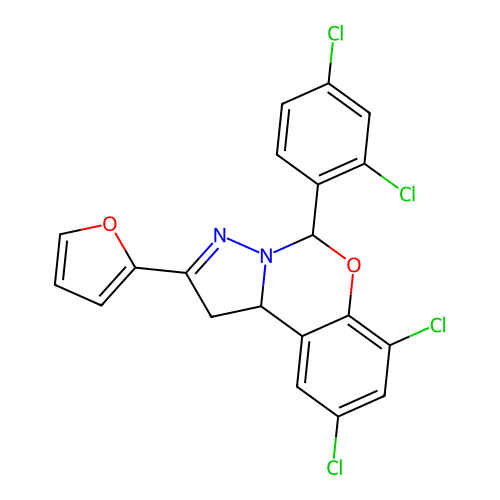 6-(2,4-dichlorophenyl)-2,4-dichloro-9-(2-furyl)-6H,10aH-benzo[e]2-pyrazolino[1 ,5-c]1,3-oxazine structure