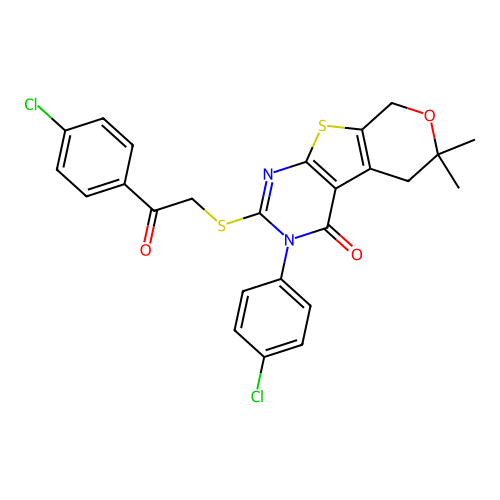 3-(4-chlorophenyl)-2-((2-(4-chlorophenyl)-2-oxoethyl)thio)-6,6-dimethyl-5,6-dihydro-3H-pyrano[4',3':4,5]thieno[2,3-d]pyrimidin-4(8H)-one structure