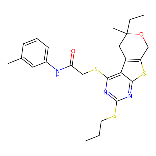 2-((6-ethyl-6-methyl-2-(propylthio)-6,8-dihydro-5H-pyrano[4',3':4,5]thieno[2,3-d]pyrimidin-4-yl)thio)-N-(m-tolyl)acetamide structure
