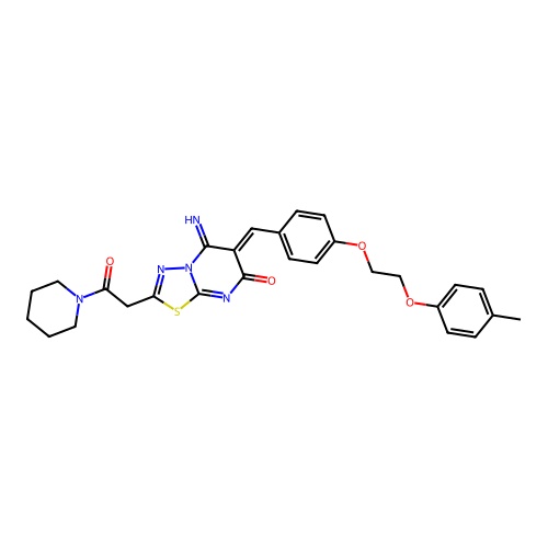 (Z)-5-imino-2-(2-oxo-2-(piperidin-1-yl)ethyl)-6-(4-(2-(p-tolyloxy)ethoxy)benzylidene)-5H-[1,3,4]thiadiazolo[3,2-a]pyrimidin-7(6H)-one structure