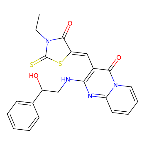 (5Z)-3-ethyl-5-[[2-[(2-hydroxy-2-phenylethyl)amino]-4-oxopyrido[1,2-a]pyrimidin-3-yl]methylidene]-2-sulfanylidene-1,3-thiazolidin-4-one structure