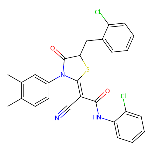(2Z)-2-[5-(2-chlorobenzyl)-3-(3,4-dimethylphenyl)-4-oxo-1,3-thiazolidin-2-ylidene]-N-(2-chlorophenyl)-2-cyanoethanamide structure